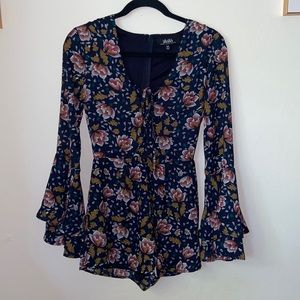 LULUS Blue Floral Print Romper XS Long Bell Sleeve